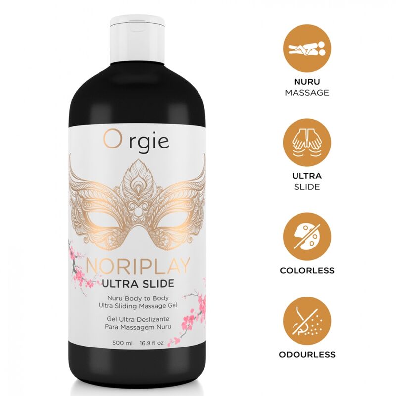 Flacon NoriPlay Ultra Slide 500 ml avec pictogrammes massage Nuru, glisse, incolore et inodore