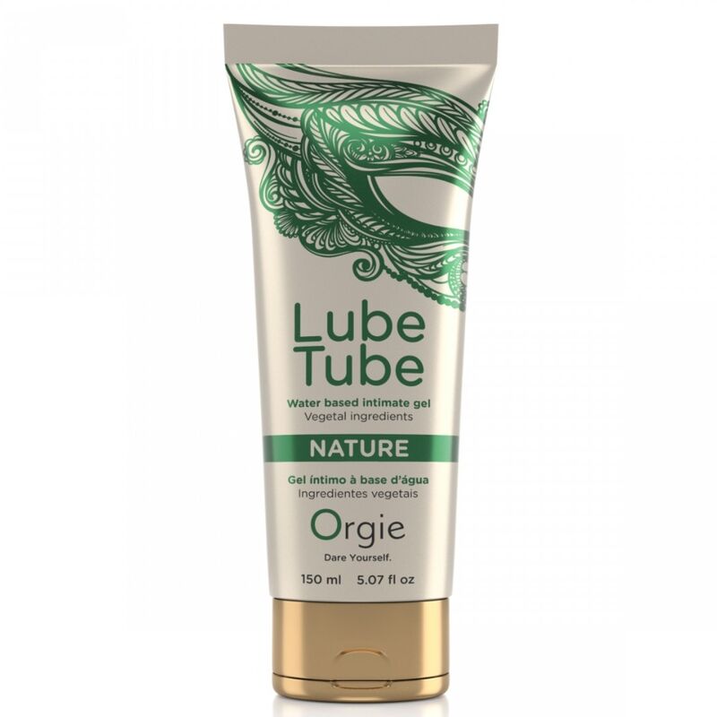 Tube Orgie Lube Tube Nature 150 ml, décor vert et bouchon doré, vu de face sur fond blanc