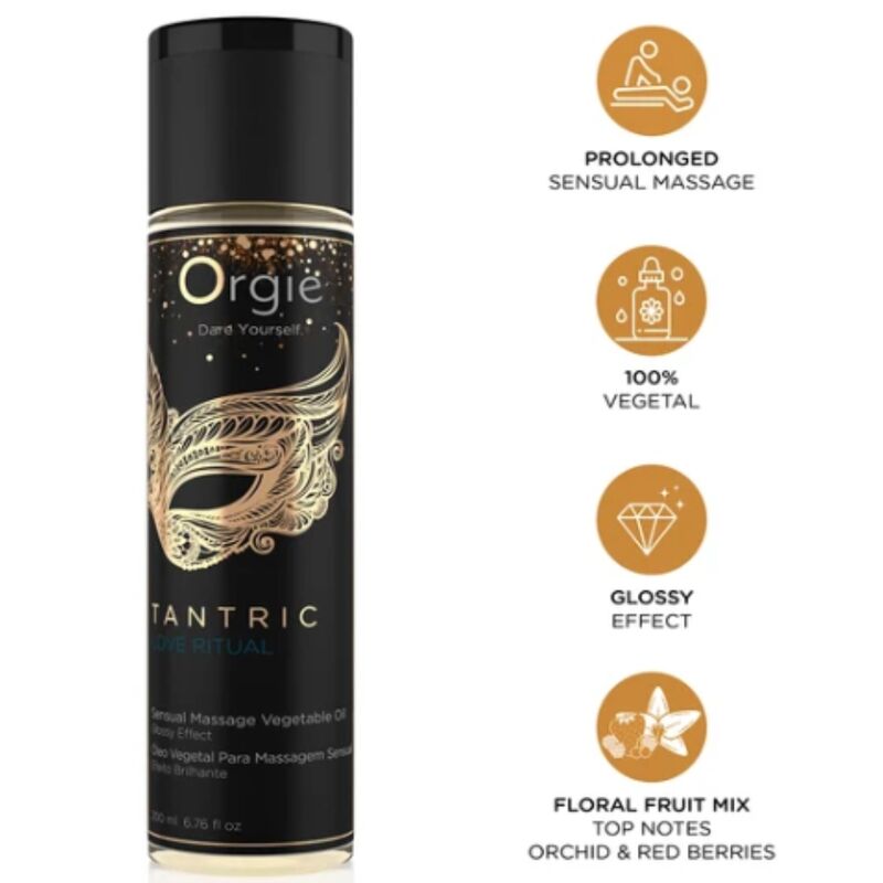 Flacon Love Ritual ORGIE de 200 ml avec pictogrammes massage prolongé, huiles végétales, effet brillant et parfum orchidée et fruits rouges