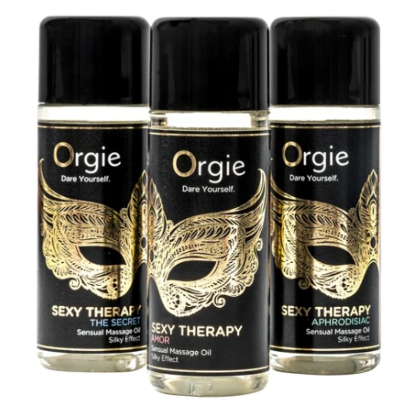 Trois flacons de 30 ml Sexy Therapy ORGIE, avec Amor devant The Secret et Aphrodisiac