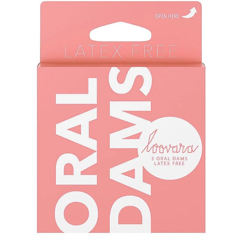 Boîte rose Loovara Oral Dams contenant trois digues buccales sans latex