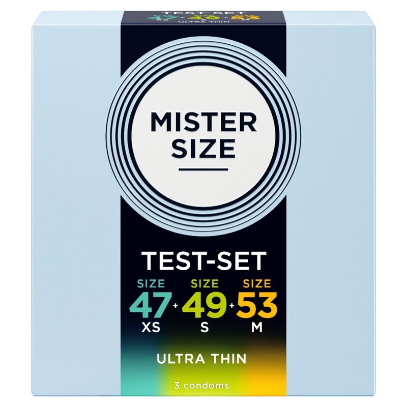 Boîte Mister Size de 3 préservatifs avec les largeurs 47, 49 et 53 mm en face avant.