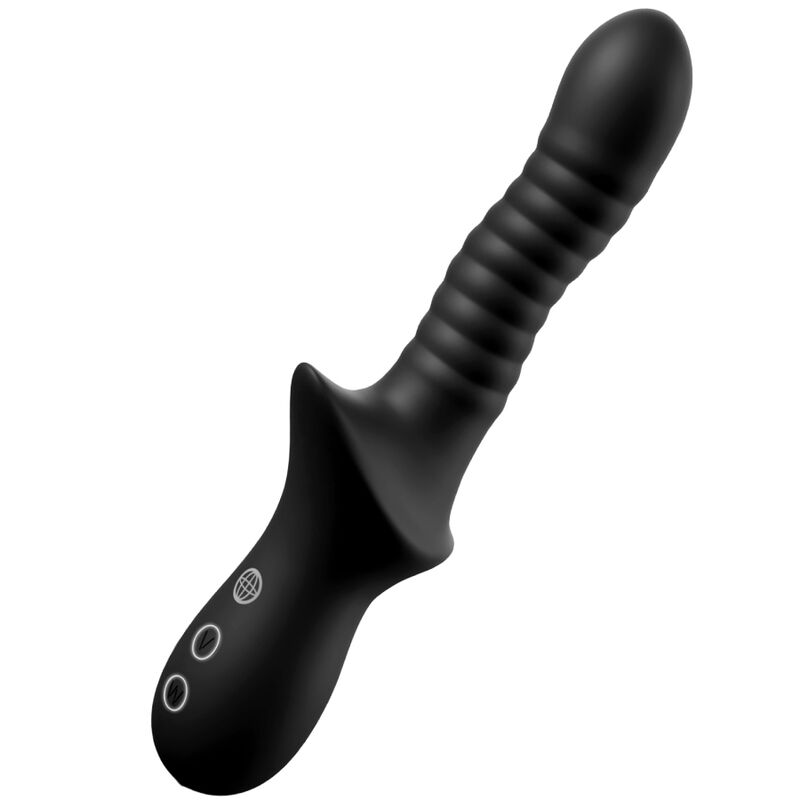 Masseur anal Pleasure Wave noir, avec tête arrondie, corps nervuré, base évasée et poignée à deux boutons