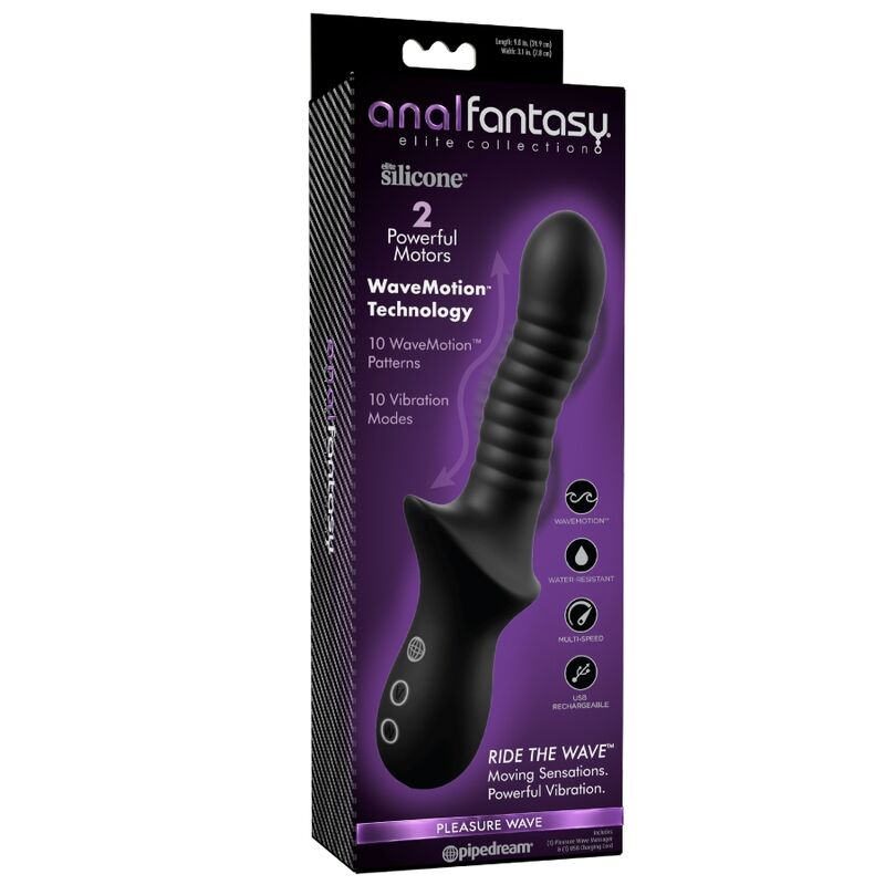 Boîte noire et violette du Pleasure Wave Anal Fantasy Elite, avec le masseur nervuré et ses fonctions