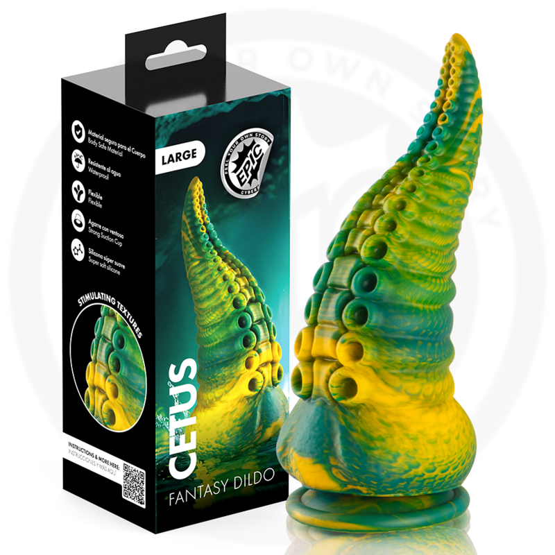 Gode tentacule Cetus grand vert et jaune devant sa boîte Large