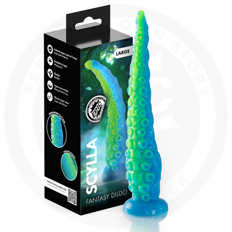 Gode tentacule Scylla L bleu et vert, présenté avec sa boîte marquée Large