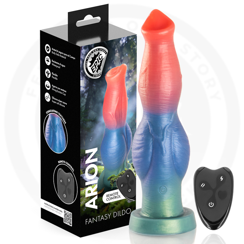 Gode Arion rouge, bleu et vert avec sa télécommande noire et sa boîte