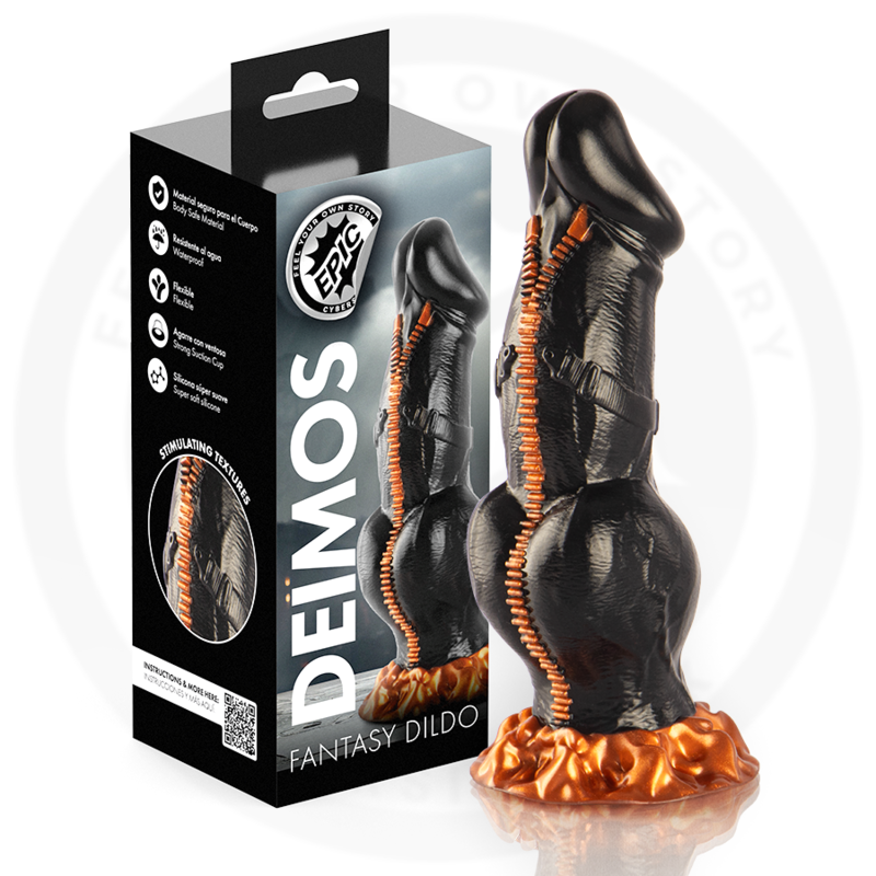 Gode fantasy Deimos noir et orange avec ses deux renflements et sa boîte EPIC