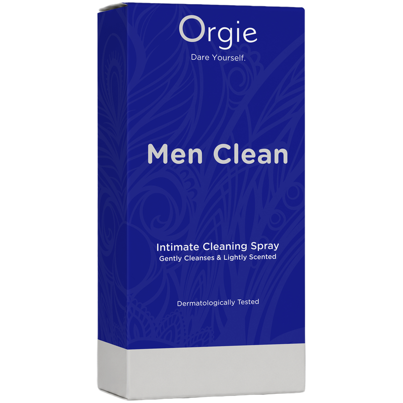 Étui bleu Men Clean Orgie portant la mention testé dermatologiquement
