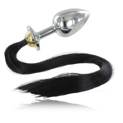 Plug queue acier poli avec crinière noire 8,9 cm · Metal Hard · Plugs bijoux