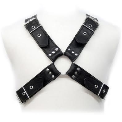 Harnais Leather Body cuir Véritable forme X 4 boucles en Cuir noir vu de face