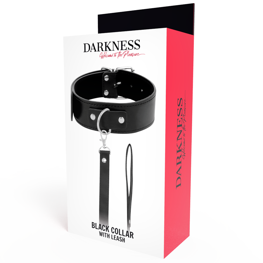 Parte frontal de la caja DARKNESS que muestra el collar negro con su correa
