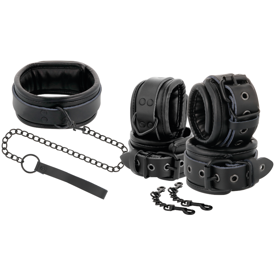 DARKNESS MENOTTES ET COLLIER EN CUIR NOIR