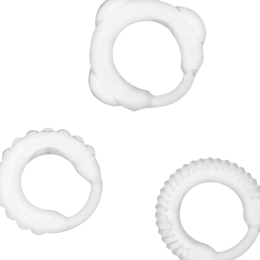 Set 3 cockrings silicone transparent multi-tailles — gros plan