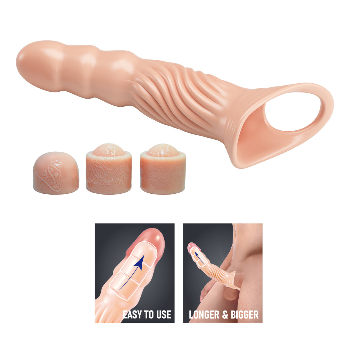 Gaine d'extension pénienne réaliste +7,5 cm avec 3 embouts couleur peau