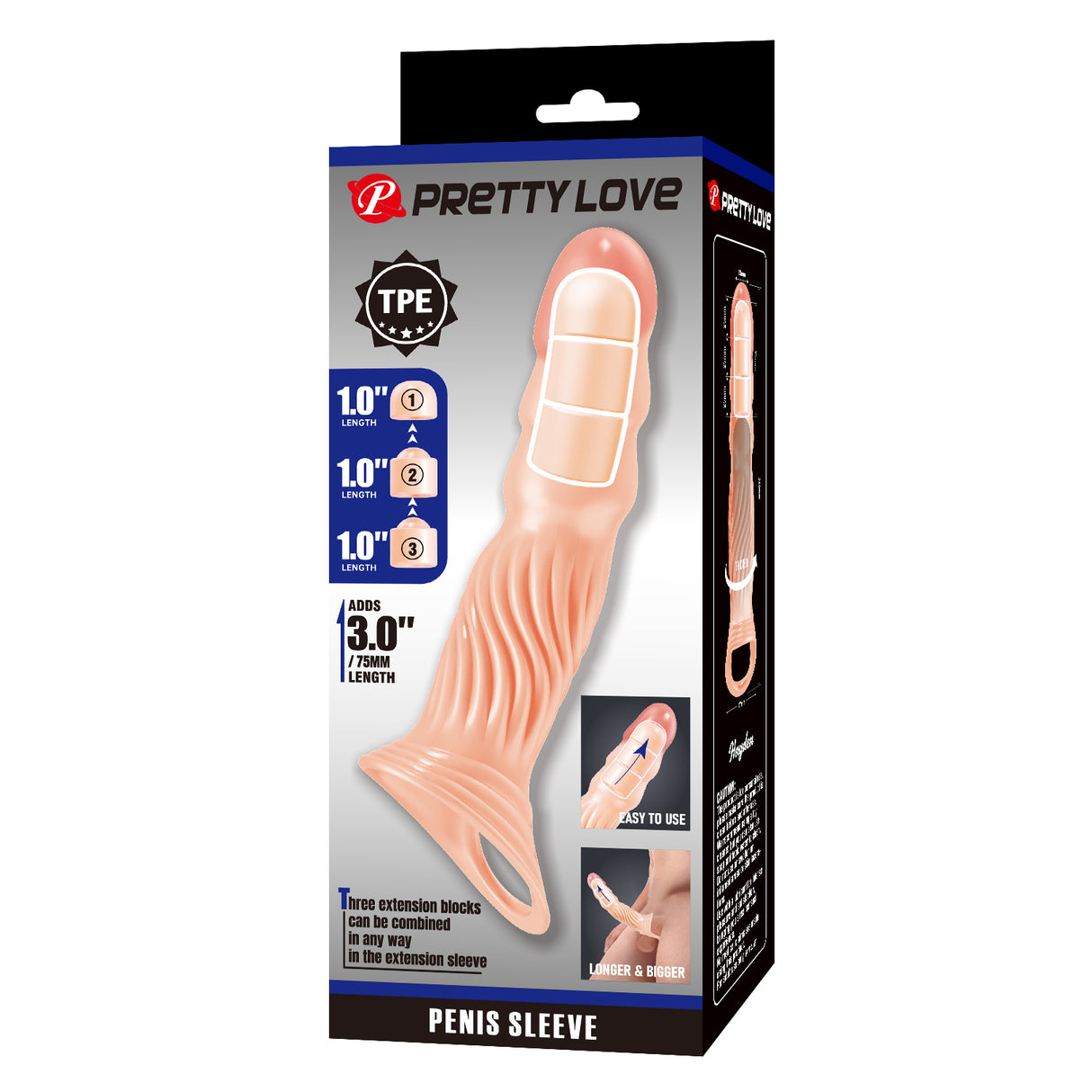 Gaine d'extension pénienne réaliste +7,5 cm avec 3 embouts couleur peau
