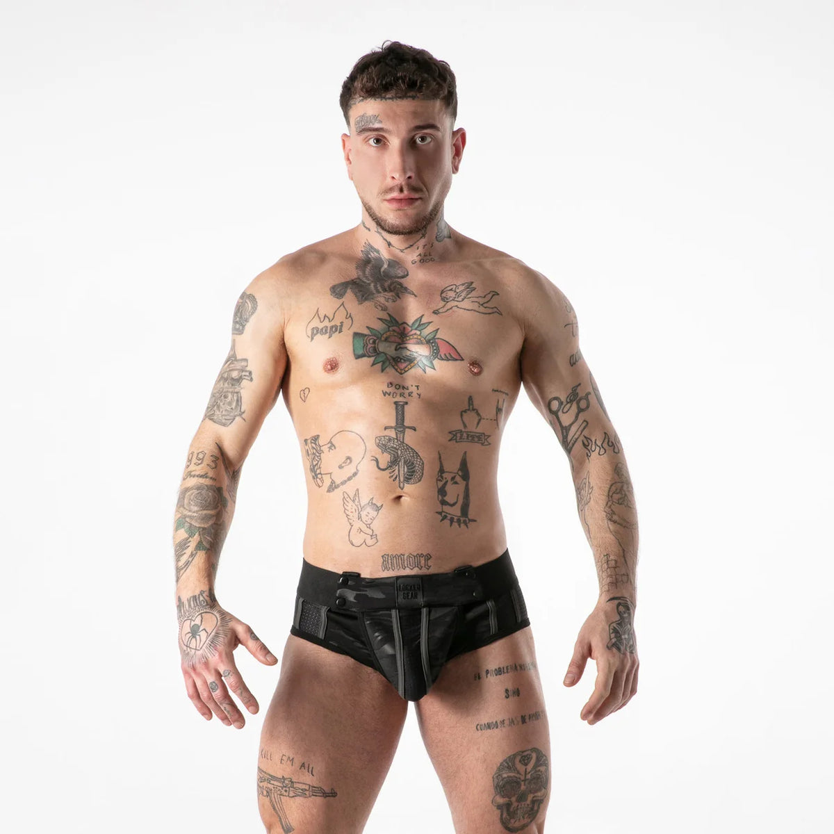 Slip-jockstrap Full Military Access noir à finitions anthracite porté de face