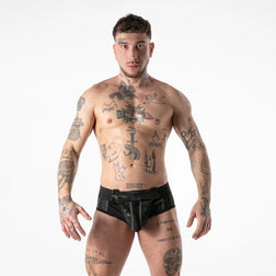 Slip-jockstrap Full Military Access noir à finitions anthracite porté de face