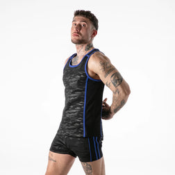 Canotta uomo Full Military Access nera con bordi blu, vista laterale