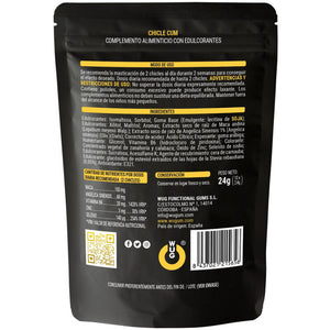 Dos du sachet WUG Cum montrant ingrédients, apports pour deux gommes, précautions et code-barres