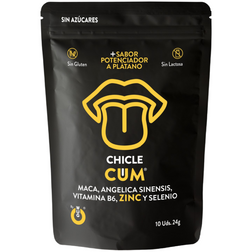 Face du sachet noir WUG Cum aux inscriptions jaunes, saveur banane, 10 gommes et 24 g net