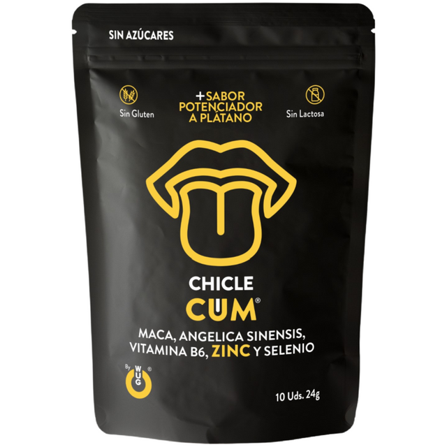 Face du sachet noir WUG Cum aux inscriptions jaunes, saveur banane, 10 gommes et 24 g net