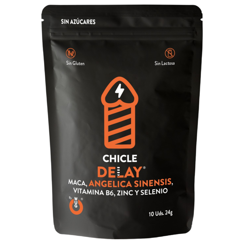 Face du sachet noir WUG Delay aux inscriptions orange, contenant 10 chewing-gums et 24 g net