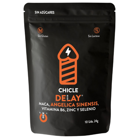 Face du sachet noir WUG Delay aux inscriptions orange, contenant 10 chewing-gums et 24 g net