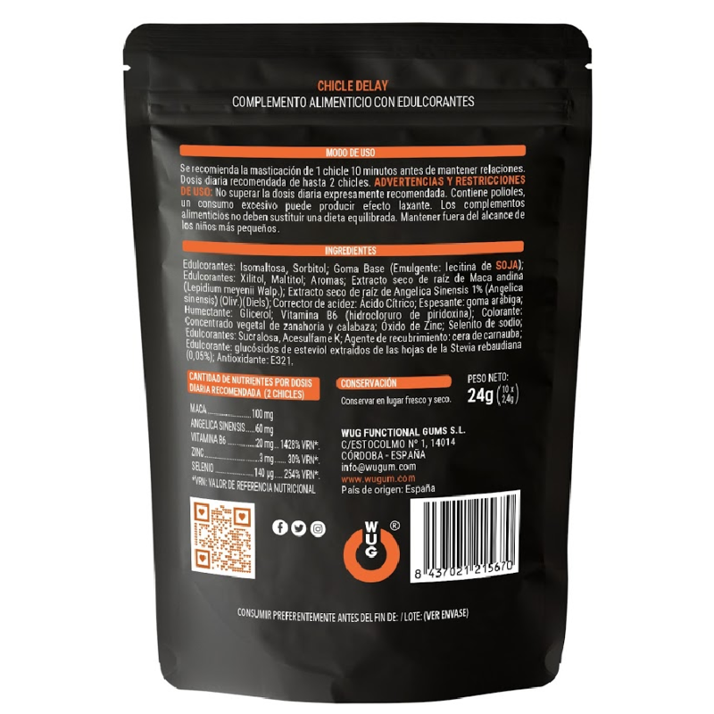Dos du sachet WUG Delay avec ingrédients, mode d'emploi, précautions et apports pour deux gommes