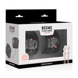 Menottes poignets cuir végan noir, boucles et chaîne or rose — vue 8