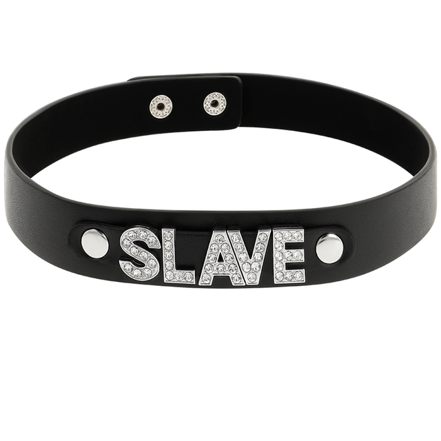 Laisse Coquette Accessories Collier ras de cou SLAVE en cuir végan noir et strass — Chic Desire en Cuir végan noir vu de face