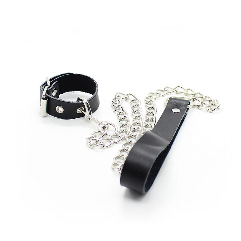 OHMAMA FETISH COLLIER PENIS ET BRACELET EN CUIR AVEC CHAINE METALLIQUE