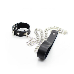 OHMAMA FETISH COLLIER PENIS ET BRACELET EN CUIR AVEC CHAINE METALLIQUE