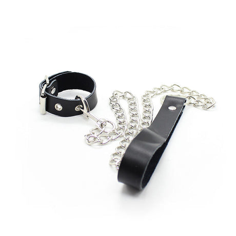 OHMAMA FETISH COLLIER PENIS ET BRACELET EN CUIR AVEC CHAINE METALLIQUE