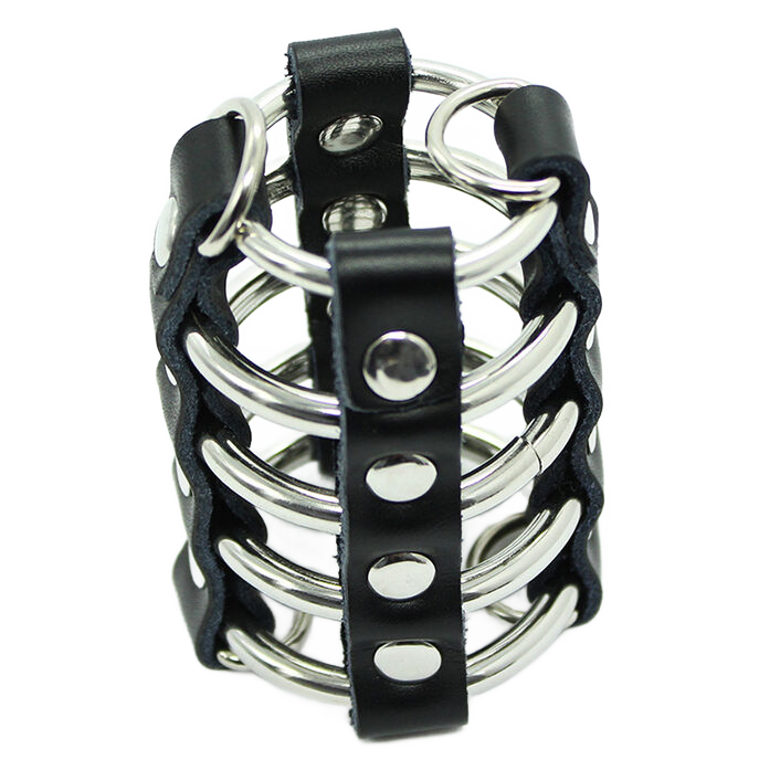 OHMAMA FETISH CAGE PENIS AVEC ANNEAUX METALLIQUES ET SANGLE EN CUIR