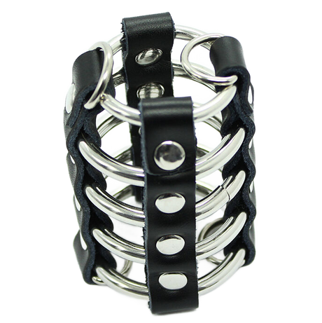 Cockring Harnais Pénis de chasteté cuir et anneaux métal en Cuir noir vu de face