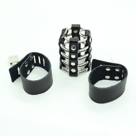 OHMAMA FETISH CAGE PENIS AVEC ANNEAUX METALLIQUES ET SANGLE EN CUIR