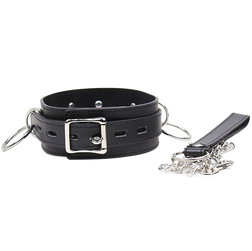 Collier soumission simili cuir 3 D-rings avec laisse chaîne