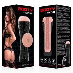 Realistic anus masturbator box with visual of buttocks and technical details