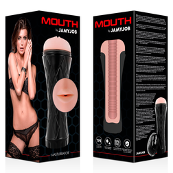 Realistic mouth masturbator box with product visual and explanations