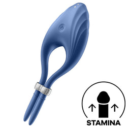 Cockring vibrant ajustable rechargeable — Duelist Bleu en Silicone médical bleu vu de face