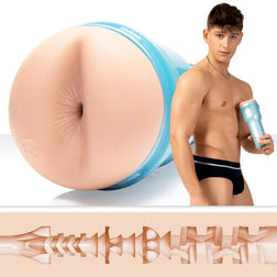 Realistic Reno Gold anus masturbator with ribbed internal texture and blue case