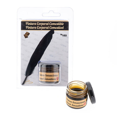 Pot de peinture corporelle comestible Taloka au chocolat avec plume noire.