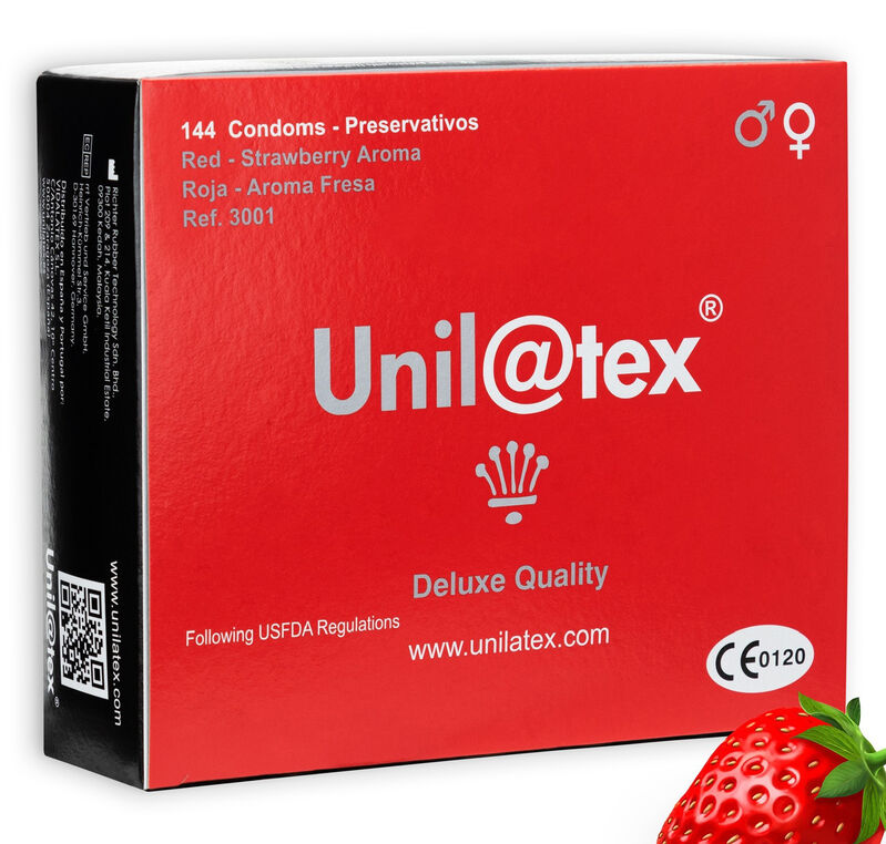 Préservatifs Unilatex rouge arôme fraise — boîte de 144 · Unilatex · Préservatifs Aromatisés