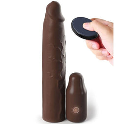 Gaine pénis Gaine pénienne vibrante télécommande 22,9 cm marron — Mega Elite en Silicone marron vu de face