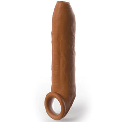 Gaine pénis Gaine pénienne uncut 17,8 cm caramel — X-tensions Elite en Silicone marron 17.8 cm vu de face