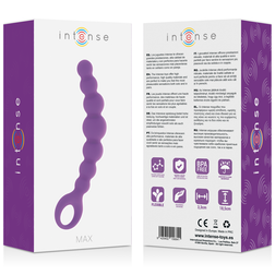 Boîte et chapelet anal violet avec détails techniques