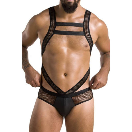 Body harnais mesh et wetlook dos croisé — gros plan