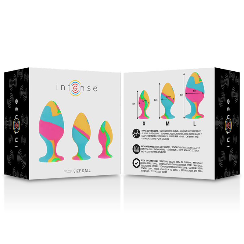 Plug anal Intense Anal Toys Set de 3 plugs anaux en silicone gradués multicolores en Silicone multicolore vu de face