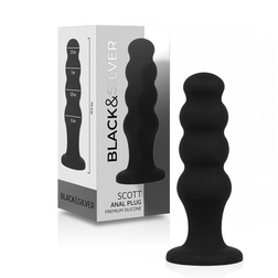 Plug anal silicone 4 bulbes gradués 13,8 cm avec ventouse — Scott en Silicone noir 13.8 cm vu de face
